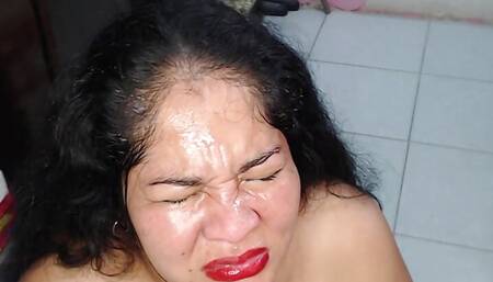 BDSM session I washed my face with piss after a big load of cum on my beautiful face, also I put my bra in my hairy puss