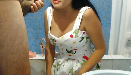 I caught my virgin stepdaughter sucking my husband's cock in the bathroom so I made him give her a facial, threesome pee