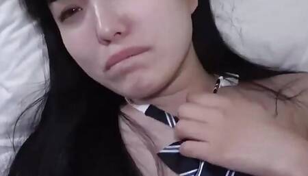 18-year-old black-haired Japanese beauty, blowjob, shaved pussy and creampie sex. Uncensored.