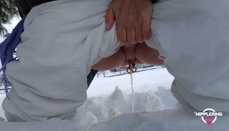 Nipple ring lover pissing outdoor in snow flashing huge pierced nipples and pierced pussy with stretched pussy lips