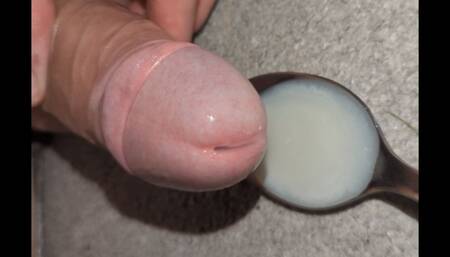 Super close up wank, edge and leak multiple loads onto a spoon and swallow own sperm ruined orgasm uncut veiny cock cum