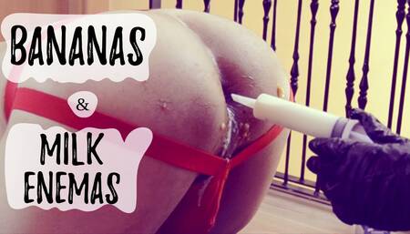 Extreme femdom milk enema stuffing bananas in his ass