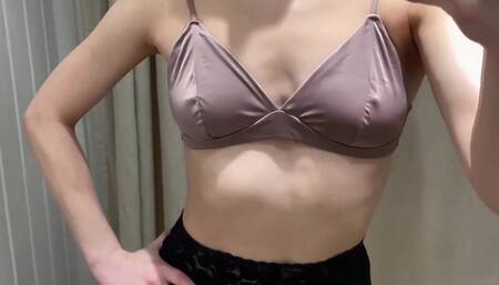 Girl in Black Pantyhose is trying on new Bras. Fitting Room Video