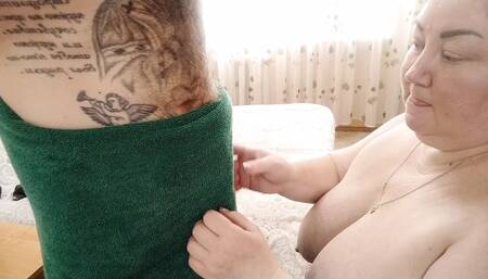 blowjob from milf after shower with cum in mouth