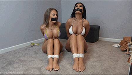 Jessica & Emma in: Outraged, Bound Hand & Foot Bikini Beauties Hidden, Seething Behind Mouth Tape: A Nightmare Beach Adventure! (WMV)