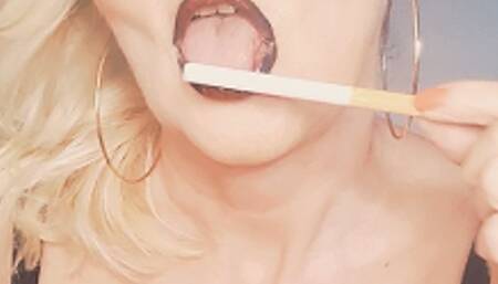 Smokerqueenjoan smokes her Marlboro Red 100 seductive with lots of OMI's and Spit on her tits for you*close up*OMI's*cigarette lick