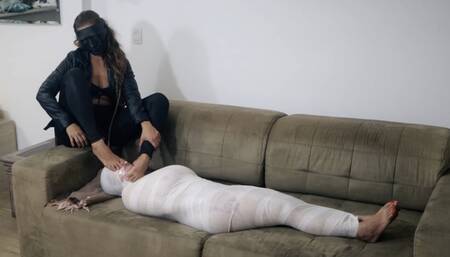 Mummifying Natasha with white tape! (PART 01)