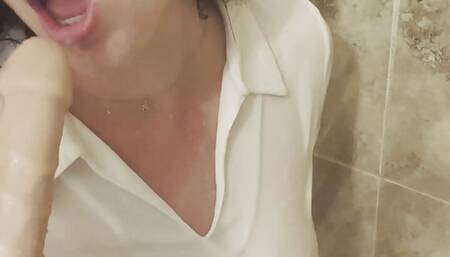 Giving you a BJ in the shower while showing off my nipples