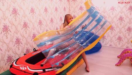 Alla inflates a large transparent rare deck chair with her mouth!!!
