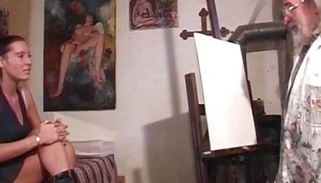 Horny brunette with natural tits gets fucked by a famous artist over 50