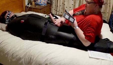 Neoprene sleepsack edging, polishing and post orgasm torment PART 1 CAM 2-gloves,BBW domination,BBW bondage,sleep sack,amateur,male bondage,man in bondage,bound and gagged man,man tied up,agreement,handjob,backboard,edged,strapped down,blowjob,