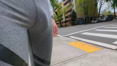 big dick freeballing public bulge in running tights