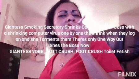 Re edit Giantess Smoking Secretary Shrinks Coworkers and Boss with a shrinking computer virus one by one the shrink when they log on and she Torments them Theres only One Way Out Shes the Boss Now GIANTESS VORE, BUTT CRUSH, FOOT CRUSH Toilet Fetish avi