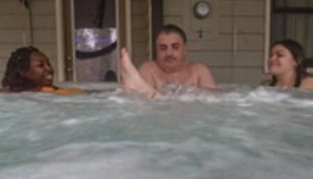 Sexy Mistresses in Hot Tub with Loser slave Husband 4K