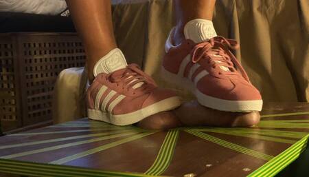 Coral Adidas Gazelle shoejob on Cockbox by Mistress Monica