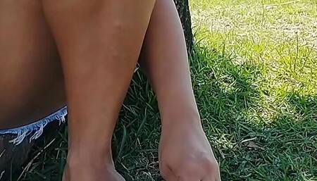 showing the cameltoe to a voyeur in the square.