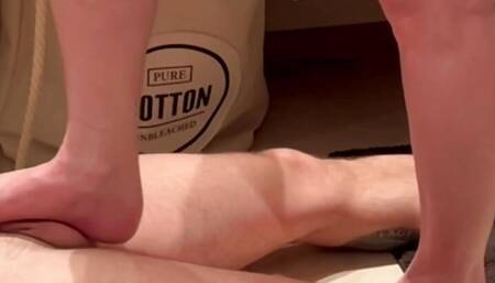 French Perverse's little slut jerks off her submissive's cock with her feet until he cums, then makes him lick it all off.