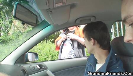 Horny old blonde gets hot threesome outdoors