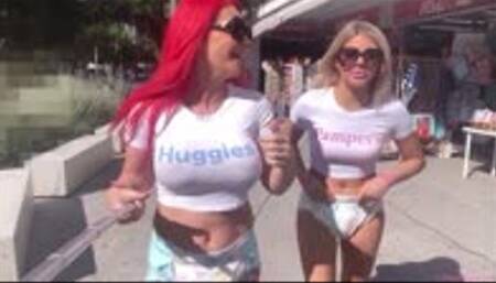 Roxi Keogh + Kelly Knickx walk through a hotel-lobby wearing Nappies! | (June 2023)