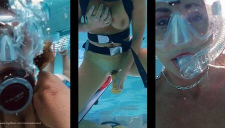 Carissa in a vintage one-piece swimsuit posing and mask water fill in a public pool