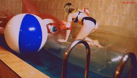 Alla swims in the pool on a huge inflatable whale and a transparent inflatable sofa and an inflatable deck chair and plays with a beach ball!!!