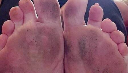 POV foot slave let out of his box to clean Miss M feet after a hard days work