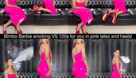 Bimbo Barbie smoking Virginia Slims 120s in a pink latex outfit and red high heels!