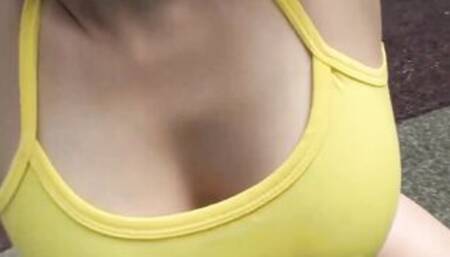 Curvy Japanese woman jogs and stretches outdoors inside very tight uniform