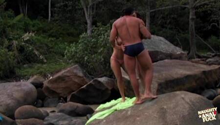 Cute and sexy friends have fun by the ocean with a big cock and cum