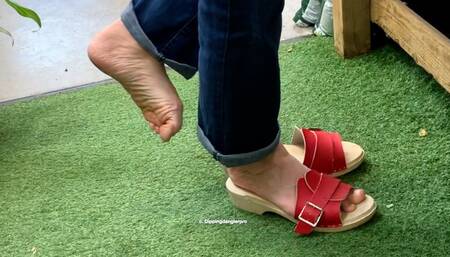 Candid Shoeplay Dipping Wooden Clog Sandals in the Garden Centre Part 1