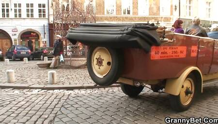 Horny dude picks up redhead granny for play