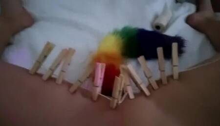 Wand Orgasm Punishment with Rainbow Foxtail Butplug and Clothes Pins Zipline