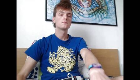 Smooth twink strips and has long wank session ending with messy self facial