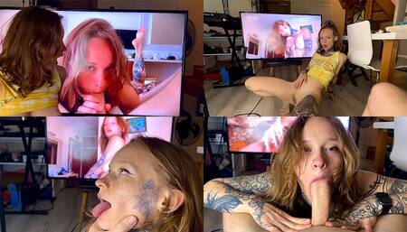 Ginger petite 18 yo porn model gives blowjob and deepthroat to her fan