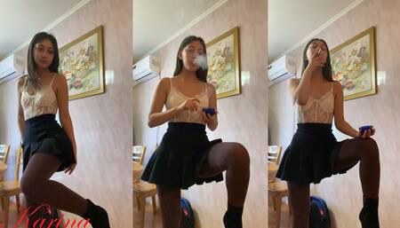 Sexy Karina smokes 2 cigs in lace skirt and high heels