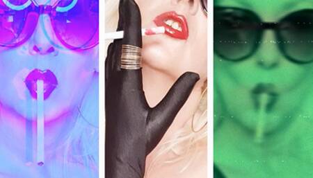 The ultimate mesmerizing jerking off smoker's dream of your Queen Joan - all nude, in only satin gloves, sunglasses and EVE 120s*glossy red lips