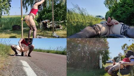 Having Fun Outdoors with My 2 Huge Toys & a Huge Cumshot While Blindfolded Close to the Public Road