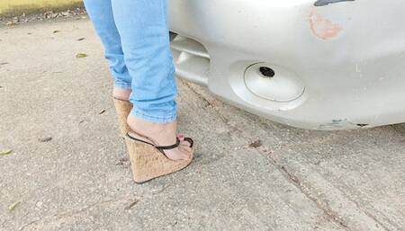 Stephanie sexy cranking and pedal pumping battle with her lazy car