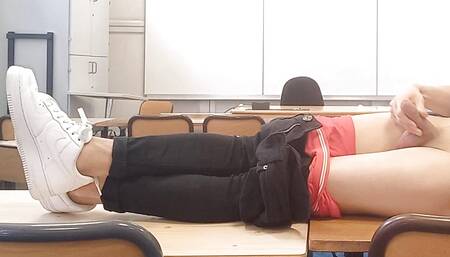 Hot striptease on teacher's desk, horny French-Asian student takes out his dick at school, jerks off in risky college classroom
