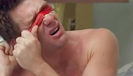 Blonde sex slave is outside giving head to masked master