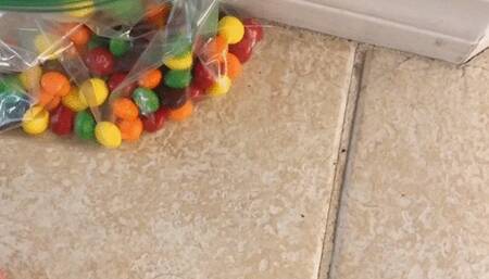 Pretty Pedicure in Heels Sandals Crushing Skittles Candy