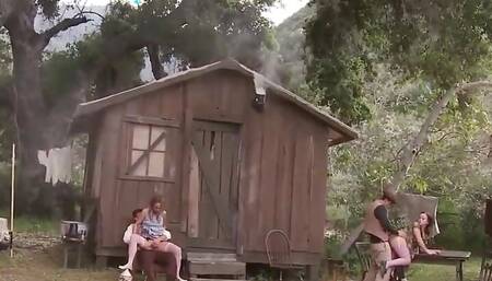 Villagers throw a party with the bisexual blonde and brunette milfs by having anal group sex