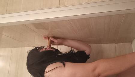 Trans Mommy Play Under Shower with Small Dildo