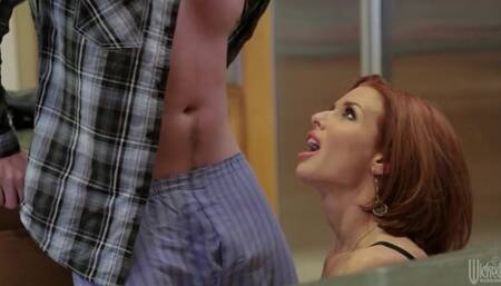 Redhead mature with big boobs seduced her shy stepson