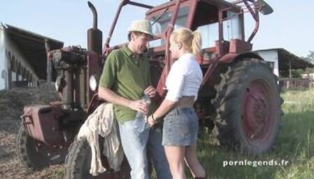 Cute farmer Valentina Blue pulls up her skirt and has anal sex outdoors