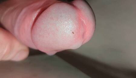 Extreme close-up edging, leaking oiled uncut foreskin wank, multiple cumshots into glass