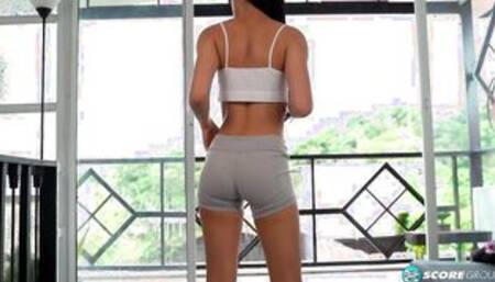 Sam shows her beautiful brown skin, perky tits, pierced nipples and shaved pussy in a vibrator show. 2