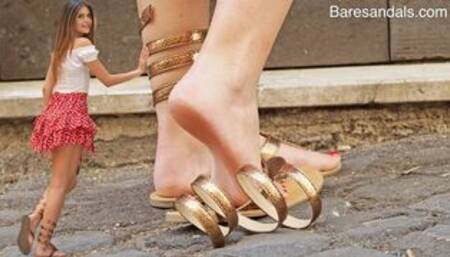 Play with Sara's feet while she sports gleaming leg wrap sandals - Video update 13110