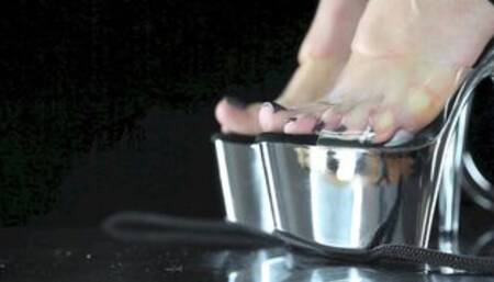 Feet licking slave with sexy leather dominatrix in high heels - VULVA Original scent