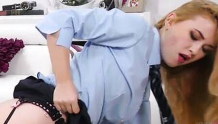 Misha Cross Wears Uniform And Lingerie While Riding Lucky Man's Meat!